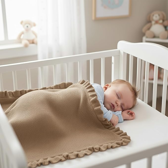 Cotton Baby Blanket with Ruffle Edge Soft Breathable Newborn Blanket for Boys & Girls, Lightweight Knit Throw for Crib, Stroller & Nursery Multiple Colors Available Mocha 30x30