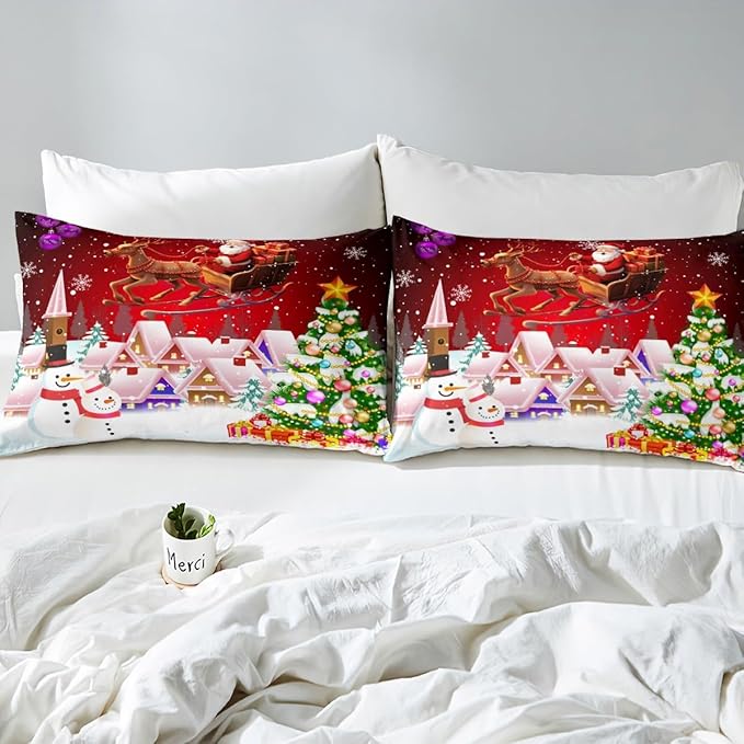 Manfei Christmas Duvet Cover Set Queen Size, Snowman Xmas Tree Bedding Set for Kids Boys Girls, Santa Claus with Reindeer Comforter Cover New Year Theme Quilt Cover with 2 Pillowcases, No Comforter