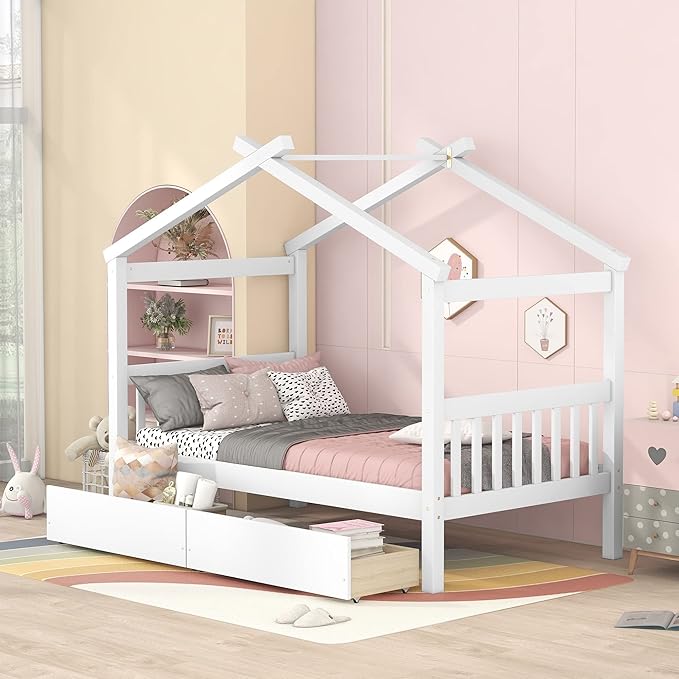 Harper & Bright Designs Twin Size House Bed for Kids, Wooden House Bed Twin with Two Drawers, Kids Twin Bed Frame with Storage,Roof Design for Girls Boys, White