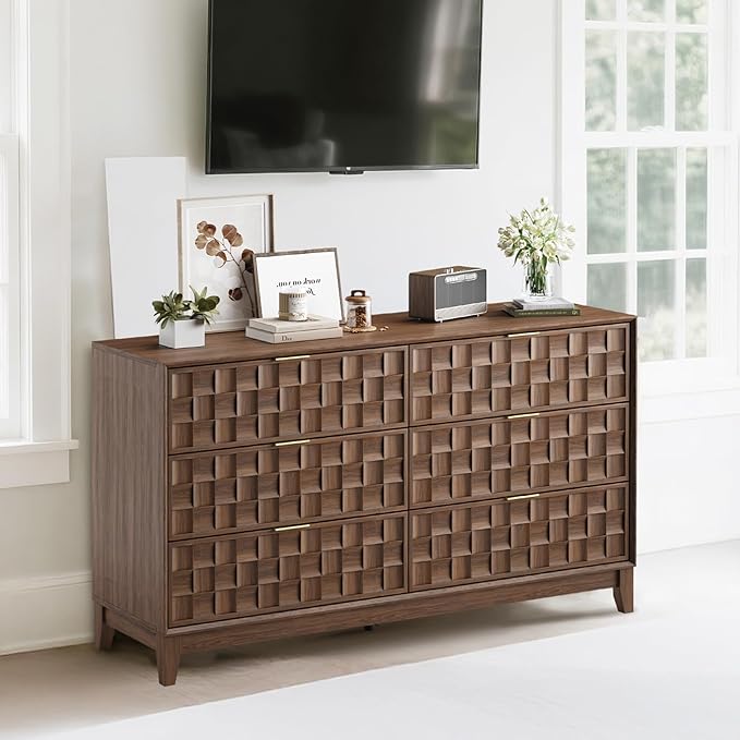 COLAMY Fluted Dresser, Modern Wooden 6 Drawer Dresser 55”, Side Board Buffet Storage Cabinet, Accent Cabinet with Metal Handles for Bedroom, Entryway, Hallway, Walnut