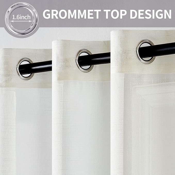 MIULEE Natural Linen Semi Sheer Window Curtains - Elegant Solid Ivory Drapes with Grommet Top - Voile Panels for Bedroom & Living Room (52X108 Inch)