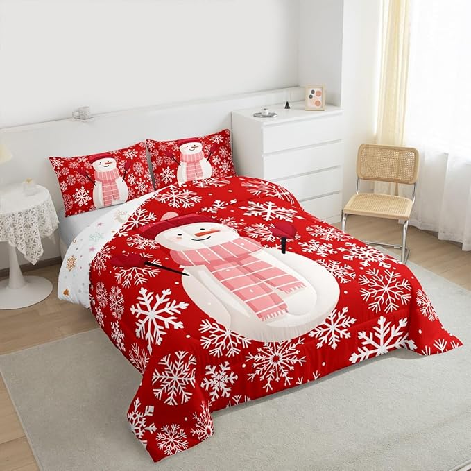 Feelyou Christmas Comforter Set All Season Snowman Red Bedding Set with 1 Pillow Cases Xmas Snowflakes Microfiber Kids Twin Bedclothes Winter Snow Bedroom Decor Duvet Quilt Breathable Soft Lightweight