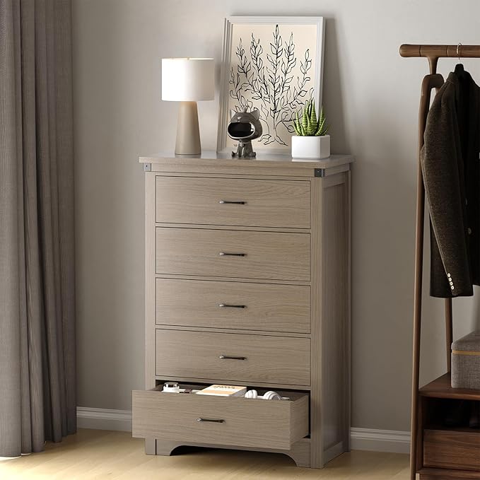 Farmhouse 5 Drawer Dresser for Bedroom, 47" Tall Chest of Drawers, Wood White Dresser with Deep Drawers, Storage Dressers Organizer for Bedroom, Living Room, Hallway, Light Rustic Oak