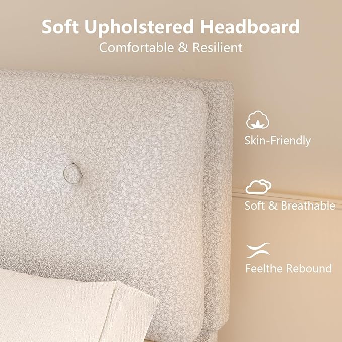 Twin Size Bed Frame, Cloud Boucle Upholstered Bed Frame with Headboard, Twin Bed Frames for Kids, Adjustable Headboard, No Box Spring Needed, Easy Assembly, White