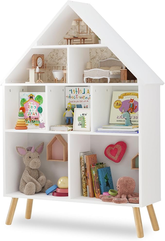 Curipeer Kids Dollhouse Bookshelf and Baby Storage - Wooden Stand Dollhouse Bookcase with 4-Tier Storage Display Organizer, Children Bookshelf for Playing Room, Nursery - White