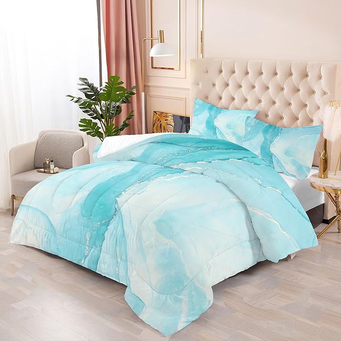 Blue Comforter Set Queen: Aqua Blue Marble Bedding Set for Teens Girls Boys Abstract Teal Blue Marbling Quilt Duvet Queen Size Bed Sets 1 Comforter & 2 Pillowcases