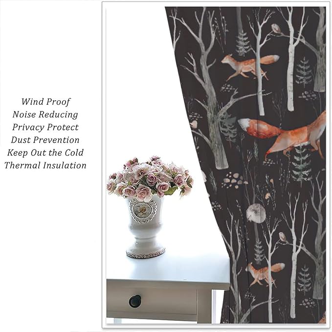 Rustic Forest Curtain, Woodland Country Hunting Animal Deer Fox Wildlife Bear Farmhouse Lodge Cabin Blackout Rod Pocket Windows Door Curtain for Bedroom Living Room Home Decor 63x72in