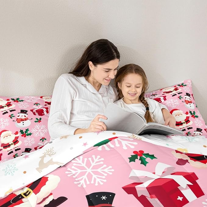 jejeloiu Merry Christmas Comforter Set Toddler Size Xmas Santa Claus Bedding Set for Kids Boys Girls Cute Snowman Duvet Quilt Pink Bedroom Decor