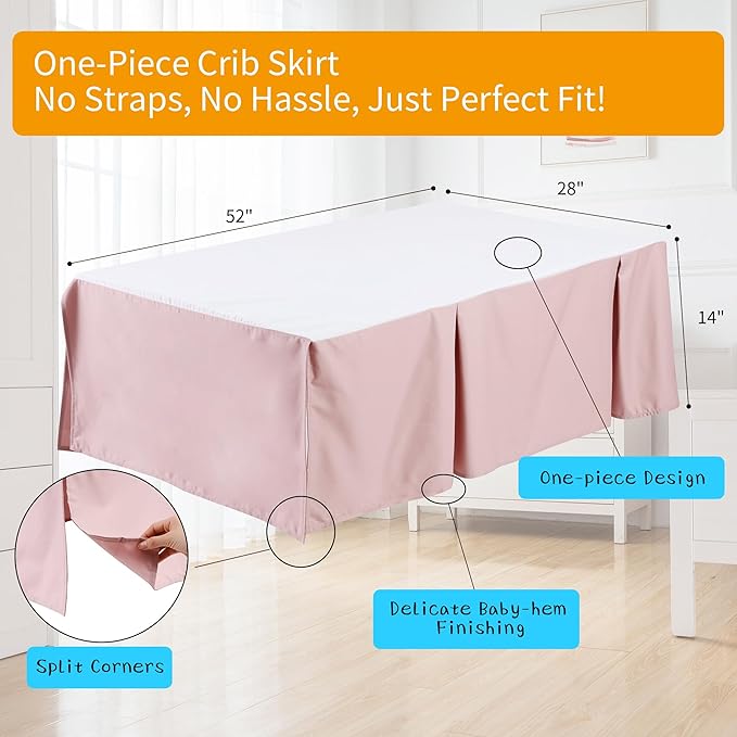 Crib Bed Skirt Dust Ruffle 100% Cotton - Natural, Soft, Breathable for Baby's Delicate Skin, Nursery Toddler Crib Bed Skirt for Baby Boys Girls, Fits Standard Cribs 28" x 52" with 14" Drop