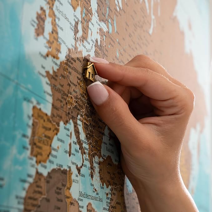 Canvas World Map with Cork Pin Board - English Lettering - Decorative Wall Decoration for All Rooms - Canvas Pictures with World Map Motif (150x100 cm, Pattern 10)