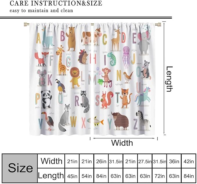 Kids Alphabet Curtains Cute Cartoon Animal Funny Educational Learning Curtain with Rod Pocket for Nursery Bedroom Playroom Home Decor Drapes Window Treatments 2 Panels Set 72" W X 63" L