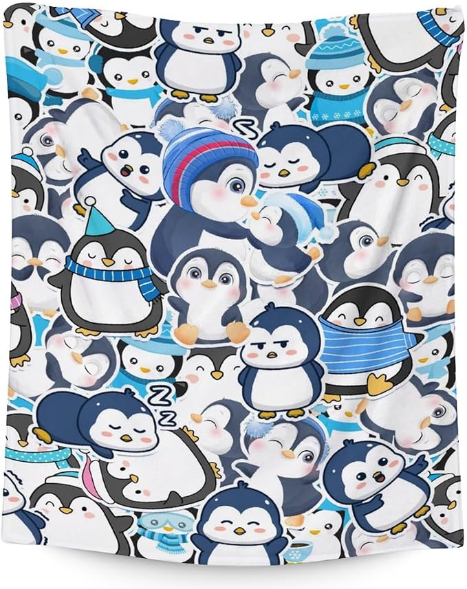Penguin Throw Blanket for Teens - 50" x 60" Inches Cute Penguin Blanket Gift for Girls - Blue Soft Cozy Throws for Couch, Bed & Travel