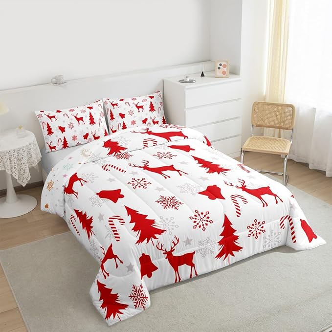 Feelyou Merry Christmas Bedding Set Soft for Boys Girls, Xmas Tree Reindeer Comforter Set King Size Candy Cane Bell Duvet Quilt Microfiber Snowflake Bedroom Decor 3 Pcs with 2 Pillow Cases