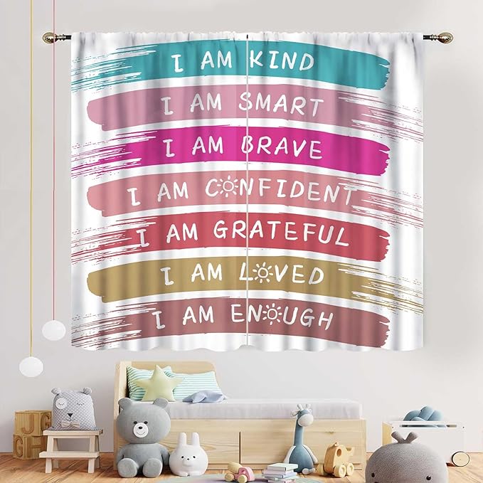 Rainbow Curtains for Classroom, Kids Girls Baby Boho Cute Inspirational Motivational Quotes Cartoon Colorful Pastel Nursery Classroom Bedroom Living Room Bathroom Window Drapes 2 Panels, 84"x84" Inch
