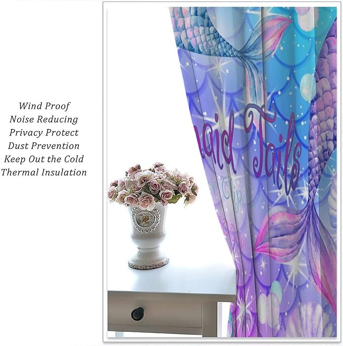 Dream Mermaid Curtain Colorful Mermaid Shell Ocean Theme Fantasy Blackout Curtains for Kids Boys Girls Bedroom Nursery Room Decor Rod Pocket Window Drapes 42x63in