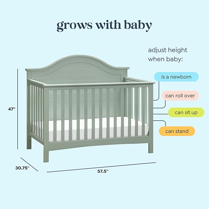 Carter’s by Davinci Nolan 4-in-1 Baby Crib - Convertible to Toddler Bed, Daybed, Full-Size Bed - GREENGUARD Gold Certified - 4 Adjustable Mattress Heights - Conversion Kit Sold Separately, Light Sage