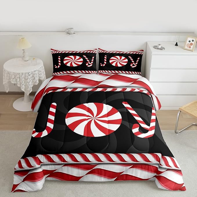 Kids Merry Christmas Comforter Set Twin Size,Holiday Joy Sweet Candies Bedding,Girls Boys Adults Bedroom/Xmas Cabin Decor,Wave Geometric Retro Down Comforter,Red Black Duvet Insert,1 Pillowcase