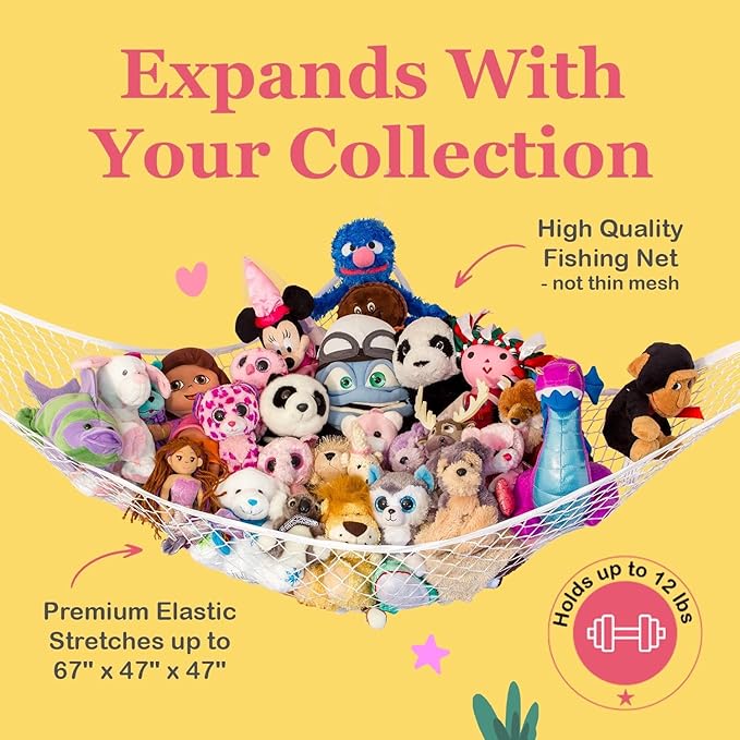 Lilly's Love Stuffed Animal Hammock | Corner Hanging Organizer, Toy Storage, Stuffed Animal Storage Net | Made from Quality Fishing Net, Holds 12lbs | 67"x47"x47" (Gray, 2 Pack)