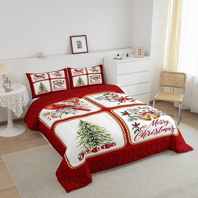 Christmas Plaid Comforter Set Twin Size,Berries Cardinals Xmas Pine Print Bedding Set for Kids Boys Men,Floral Bells Red Lace Patchwork Quilted Duvet Set with 1 Pillowcase