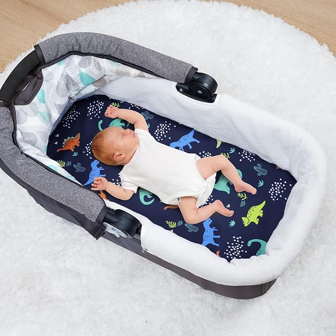 PHF 3 Pack Soft Bassinet Sheets, Dinosaur Breathable Comfy Cradle Sheets for Baby Boys, No Slip Universal Fit for Most Cradle and Bassinet Mattress, Navy Dinosaur