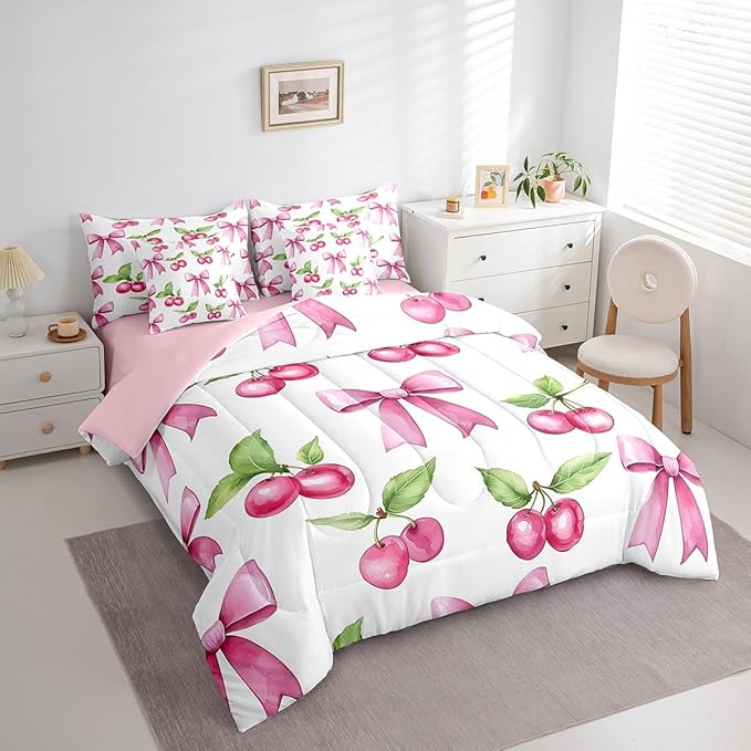 7 Pieces Pink Bowknot Kids Comforter Twin,Cherry Tropical Fruit Bow Patchwork Bedding Set,Bow Tie Butterfly Knot Princess Dreamy（Comforter+Fitted+Flat Sheet+2 Pillowcases+2 Throw Pillow Covers）