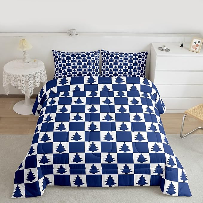 Feelyou Christmas Kids Comforter Set Full Size Checkered Bedding Set Christmas Tree Duvet Quilt for Kids Boys Girls Bedroom Xmas Decorations Decor Blue Microfiber Ultra Soft Breathable