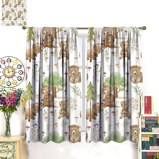 Forest Animal Curtains,Kids Home Bedroom Window Treatments, Cartoon Watercolor Bear Squirrel Woodland Animal Drapes 63x72in