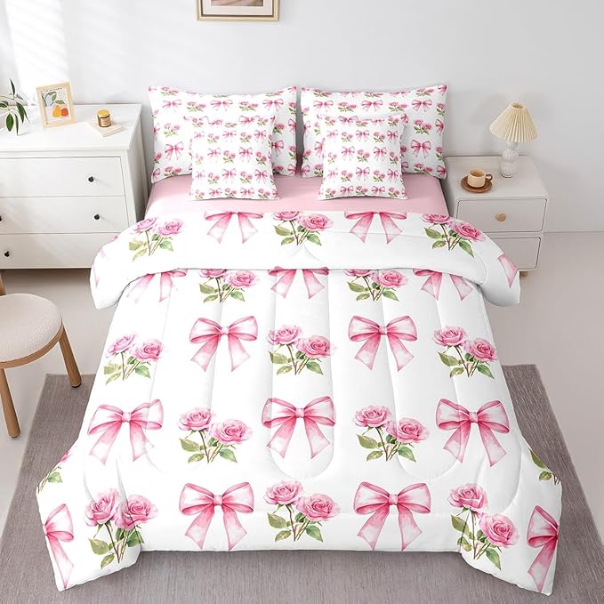 7 Pieces Pink Bowknot Kids Comforter Twin,Rose Flowers Valentine's Day Romantic Bedding Set,Pink Bow Tie Knot Princess Dreamy（Comforter+Fitted+Flat Sheet+2 Pillowcases+2 Throw Pillow Covers）
