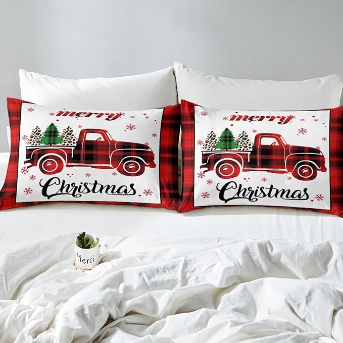 Xmas Truck Duvet Cover Set Full Size, Christmas Tree Snowflake Print Bedding Set 3pcs for Kids Boys Girls Bedroom Decor, New Year Theme Red Plaid Print Comforter Cover with 2 Pillowcases,No Comforter