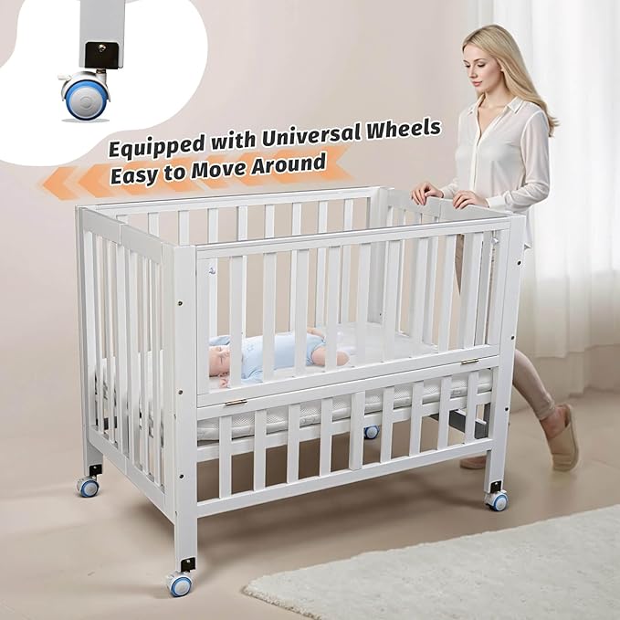 Folding Wood Bedside Bassinet - Portable 4-in-1 Baby Bassinet with Breathable Mattress,3 Heights Baby Crib with Wheels,Mini Crib for Infant Newborn and Small Space,White