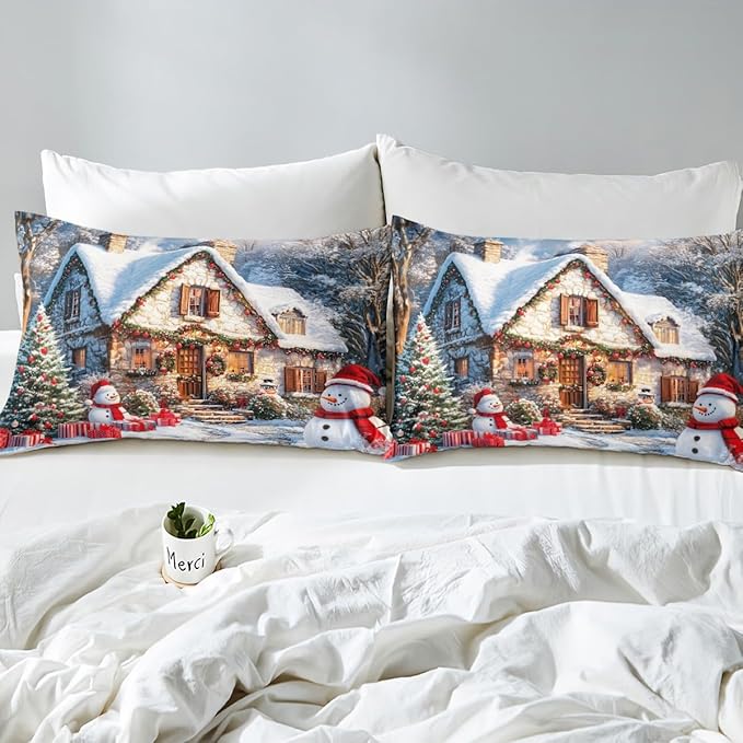 Manfei Christmas Duvet Cover Set Twin Size, Winter Snow Scenery Bedding Set for Kids Boys Girls Room Decor, Western New Year Comforter Cover, Soft Polyester Quilt Cover, 1 Pillowcase, No Comforter