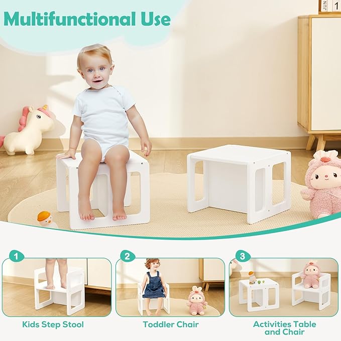 FUNLIO Height Adjustable Montessori Weaning Chair for Age 1-3, Quality Solid Wooden Chair, for Eating/Reading/Playing,Montessori Furniture with CPC Certified - White（2pcs）