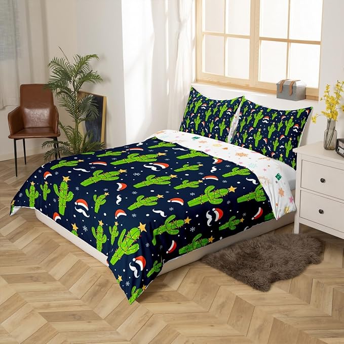 Feelyou Christmas Duvet Cover Boys Cartoon Cactus Xmas Theme Bedding Set for Kids Teens Ultra Soft Snowflake Comforter Cover Set New Year Bedspread Cover Room Decor Toddler Size Bedclothes Zipper