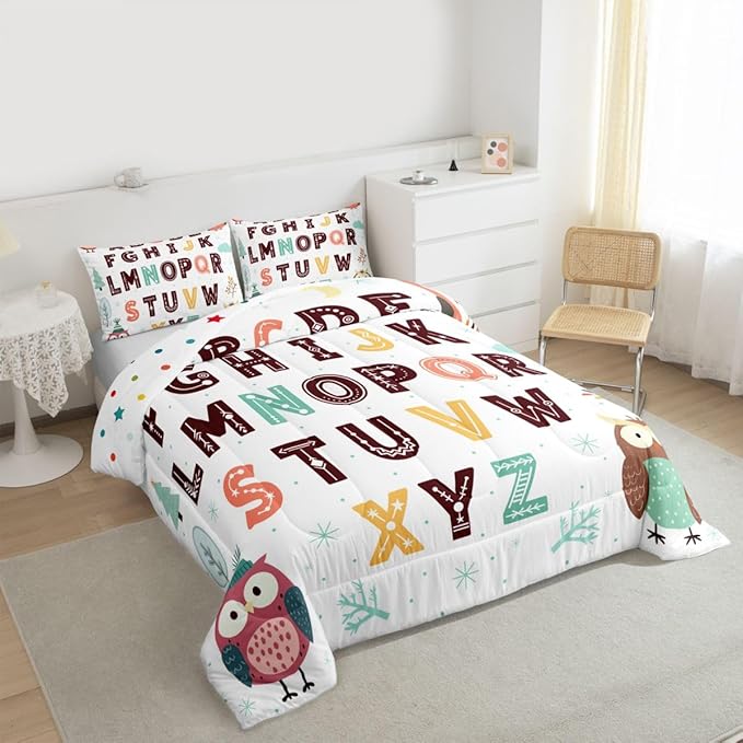 Feelyou Alphabet Kids ABC Learning Comforter Set Toddler Size Cartoon Owls Bedding Set for Kids Boys Girls Educational Nursery Art Duvet Quilt Wildlife Bedroom Decor 2 Pcs with 1 Pillow Cases