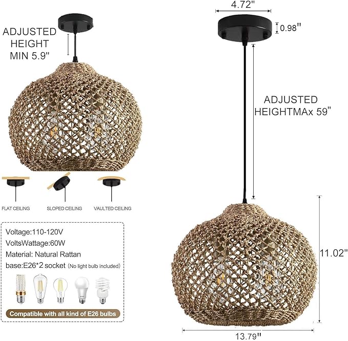 13.79" Rattan Coastal Pendant Light Fixture,Boho 2-Light Kitchen Island Ceiling Hanging Lighting Wicker Hand Woven Farmhouse Chandelier,for Bedroom, Dining Room, Entryway, Foyer