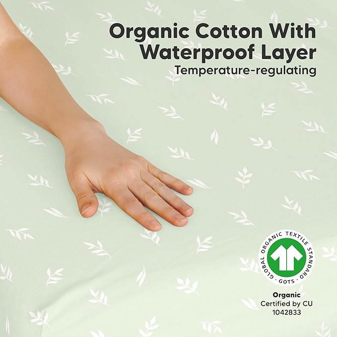 2-Pack Pack and Play Sheets, Waterproof Mini Crib Sheets Fitted - Organic Cotton Pack N Play Sheets for Graco Pack and Play Mattress, Playard Baby Crib Sheets, Neutral for Boy, Girl, Toddler (Herb)