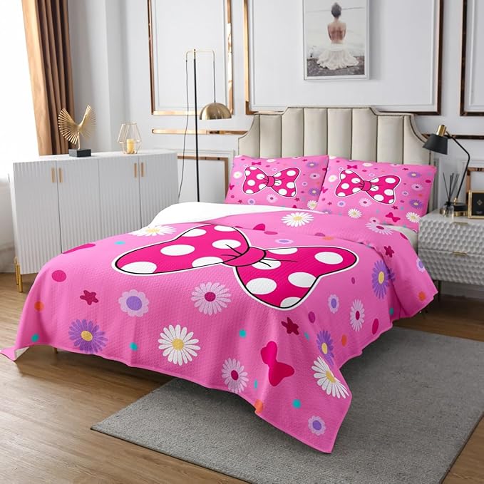 Manfei Pink Bowknot Kids Bedspread Twin Size,Daisy Flowers Geometric Dot Patchwork Coverlet Set,Girls Women Room Decor,Bow Tie Cute Princess Quilted Coverlet,Dreamy Chic Bedding Quilt,1 Pillowcase