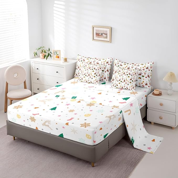 Feelyou Christmas Kids Bed Set Cute Snowman Santa Claus Bed in a Bag Boys Girls Cute Reindeer Comforter Set with Sheets Christmas Bells Cartoon Design Bedding Set Bedroom Collection Queen Size