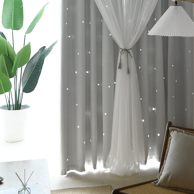 Kinryb Kids Star Cutout Curtains for Bedroom/Living Room/Classroom,2 Free Tiebacks Sheer Overlay 2 Panel Set, Double Layer Curtains for Kids Room(Each Piece W70xL72 Inches 2 Pcs Greyish White)