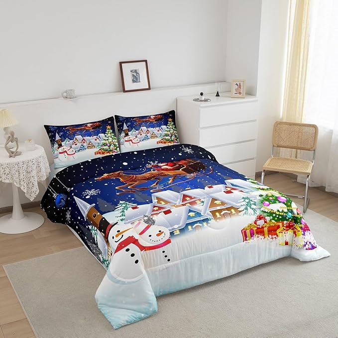 Manfei Christmas Bedding Set Full Size Snowman Christmas Tree Print Comforter Set Santa Claus with Reindeer Quilt Set 3pcs for Kids Boys Girls Room Decor New Year Theme Duvet Set with 2 Pillowcases