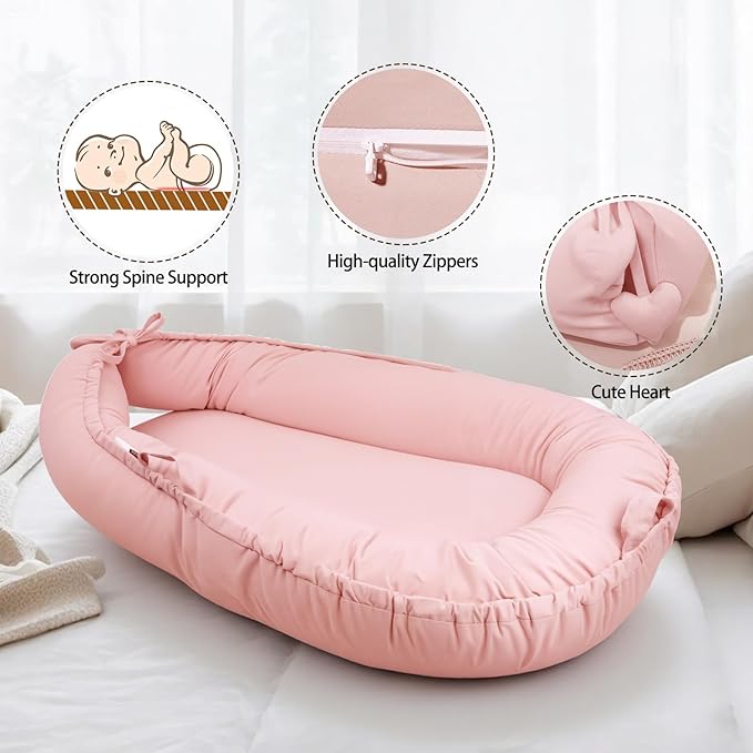 Baby Lounger - Baby Lounger for Newborn 0-24 Months, Soft Breathable Cotton Infant Lounger Cover, Portable Baby Nest for Travel, Newborn Essentials for Baby Girl (Pink)
