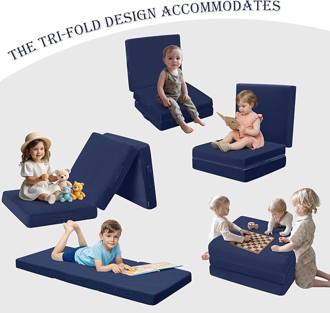 MeMoreCool Foldable Floor Mattress for Kids, Toddler Floor Nap Mat for Sleeping Daycare, Small Child Foldable Mattress Floor Bed, Trifold Futon Portable Tri Folding Mattress, Navy 75x25 Inch