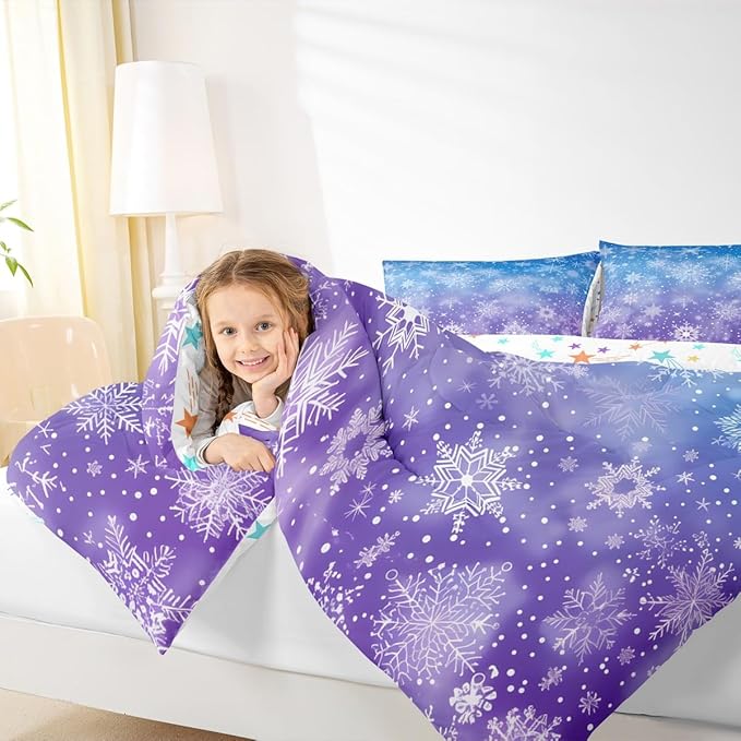 Feelyou Christmas Bedding Set Soft for Boys Girls, Winter Snowflake Comforter Set Twin Size Purple Blue Gradient Duvet Quilt Microfiber Bedroom Decor 2 Pcs with 1 Pillow Cases