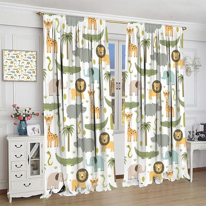 Nursery Safari Animals Window Curtains,Cartoon Woodland Jungle Forest Lion Elephant Giraffe Printed Pattern Blackout Drapes for Living Room Baby Boy Kids Bedroom 63x72in