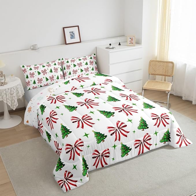 Manfei Merry Christmas Comforter Set Toddler Size, Red Bow Green Tree Bedding Set 2pcs, New Year Theme Down Comforter for All Season, Kids Girls Room Decor, Lightweight Duvet Insert, 1 Pillowcase