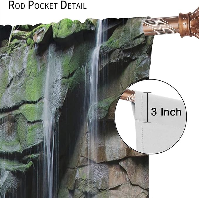 Forest Waterfall Blackout Windows Curtains, Rocky Waterfall to Pond Running Off Scenic Nature Themed Picture Print Curtains, for Living Room Bedroom 42x63in 2 Panels