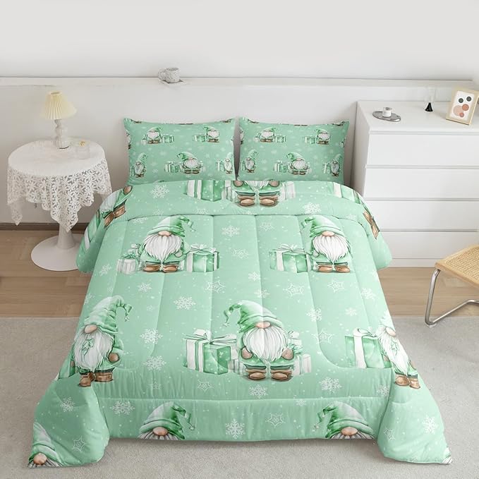 Feelyou Green Christmas Comforter Set All Season Scandinavian Christmas Santa Gnomes Bedding Set with 2 Pillow Cases Xmas Snowflake Kids King Bedclothes Bedroom Decor Breathable Soft