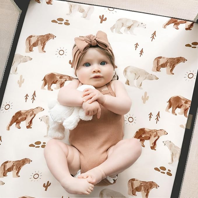 Stretchy Ultra Soft Jersey Knit Fitted Pack n Play Sheets Set 2 Pack, Portable/Mini Crib Sheets for Boys and Girls, Universal Snug Fitted for Pack N Plays, Stylish Playard Sheets of Sunny Bear Print