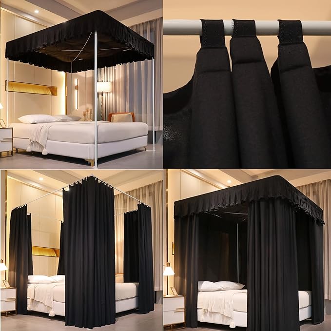 VETHIN Elastic Roof Style Four Corner Post Princess Bed Canopy Curtains Cozy Breathable Tent Canopy Mosquito Net for Girls & Adults Bedroom Decoration (Black, 70-78" W*86" L*82"*H/(King))