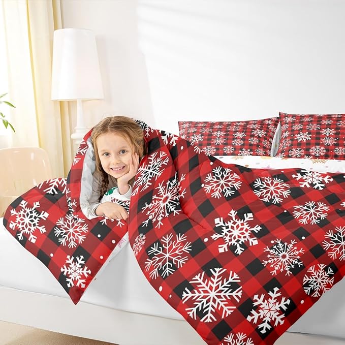 Feelyou Christmas Comforter Set King Size Red Black Plaid Bedding Set for Kids Boys Girls Winter Snow Duvet Quilt Snowflake Red Bedroom Decor Microfiber 3 Pcs with 2 Pillow Cases